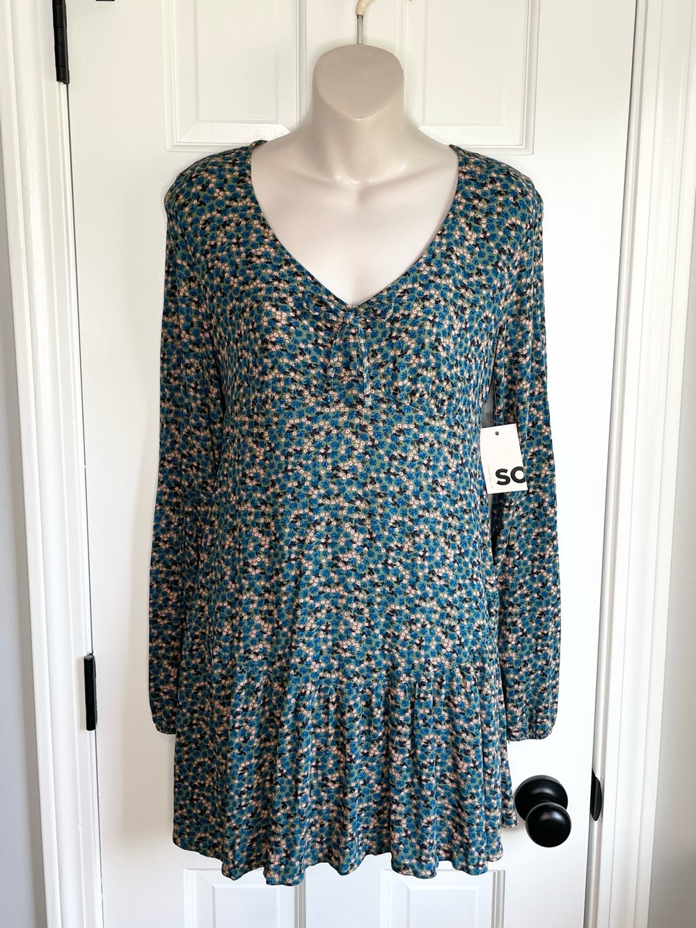 SO Teal Floral V-Neck Long Sleeve Flared-Hem Dress